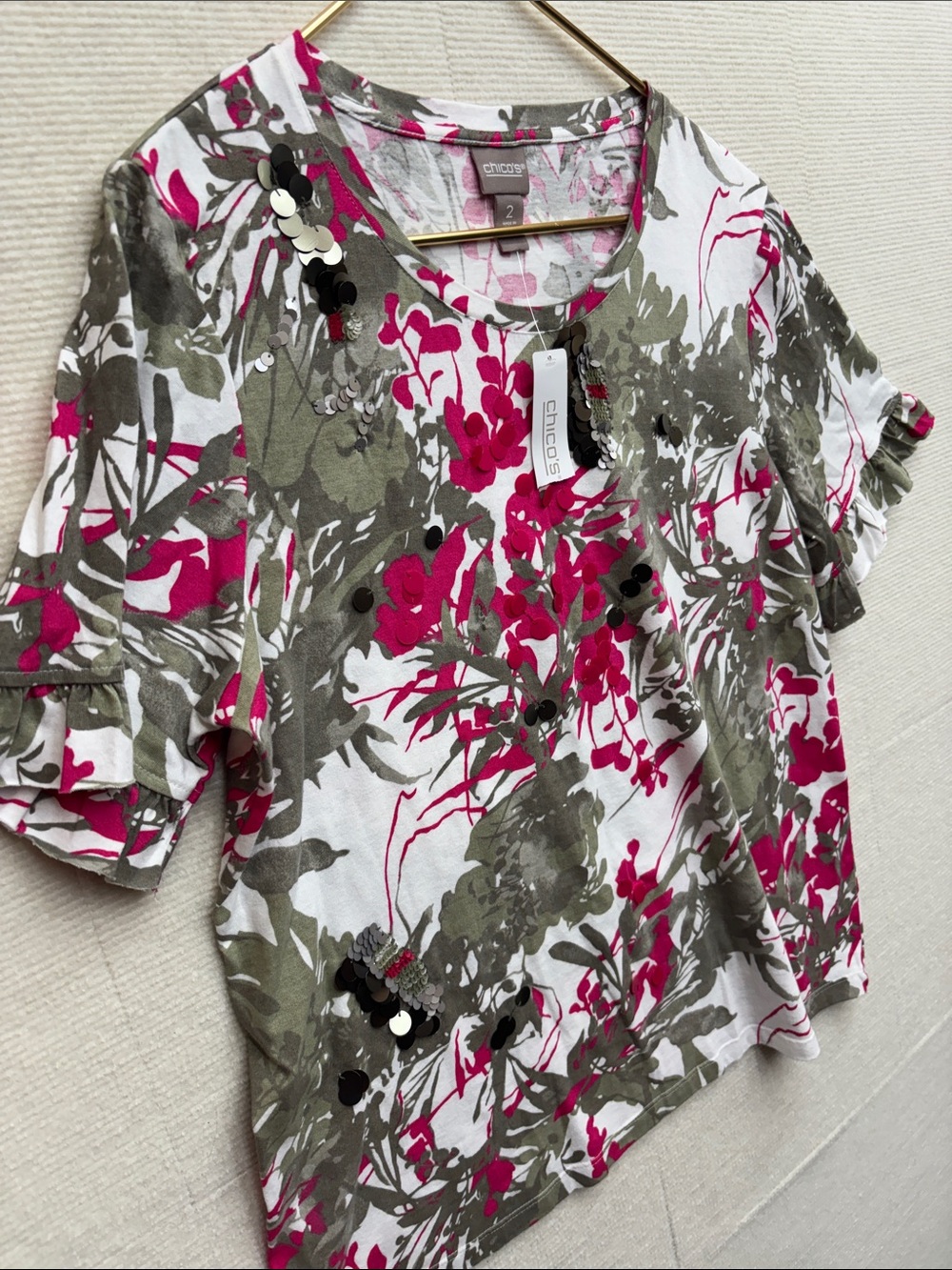 Chico's White Short Sleeve Top with Magenta Floral and Olive Leaves - Picture 2 of 6